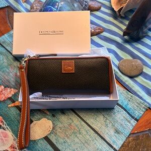 Dooney & Bourke Black Pebbled Leather Wristlet with Brown Trim
